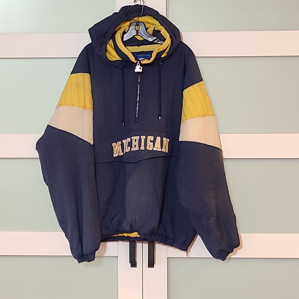Y2k 90s Starter Pullover Michigan Wolverines Jacket Hooded 1/4 Zip Sz XL Korea